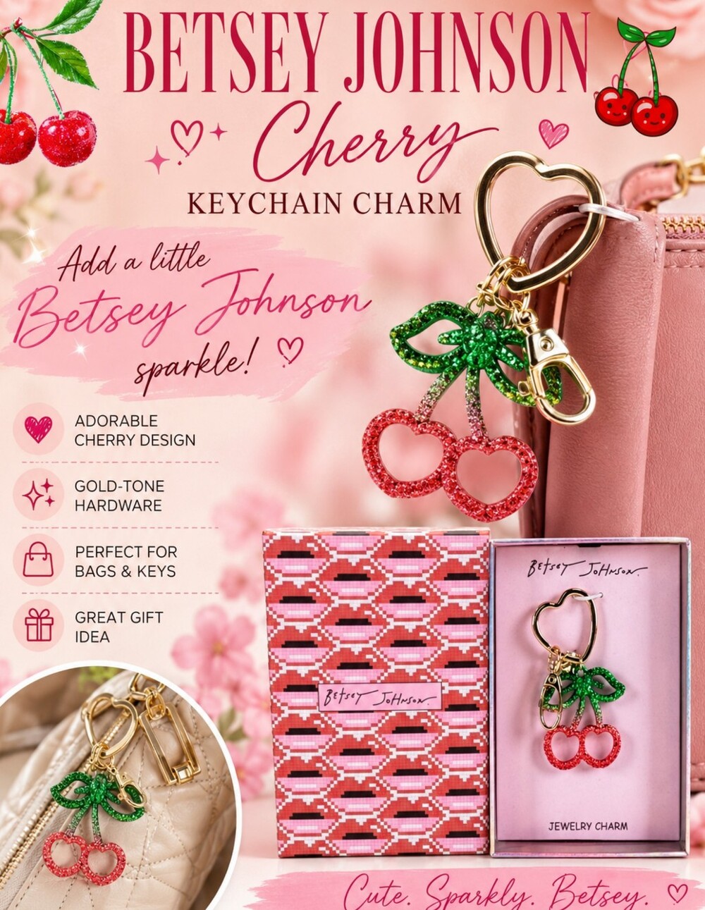 Betsey Johnson Red Ombre Open Frame Cherry Bag Charm Key Ring